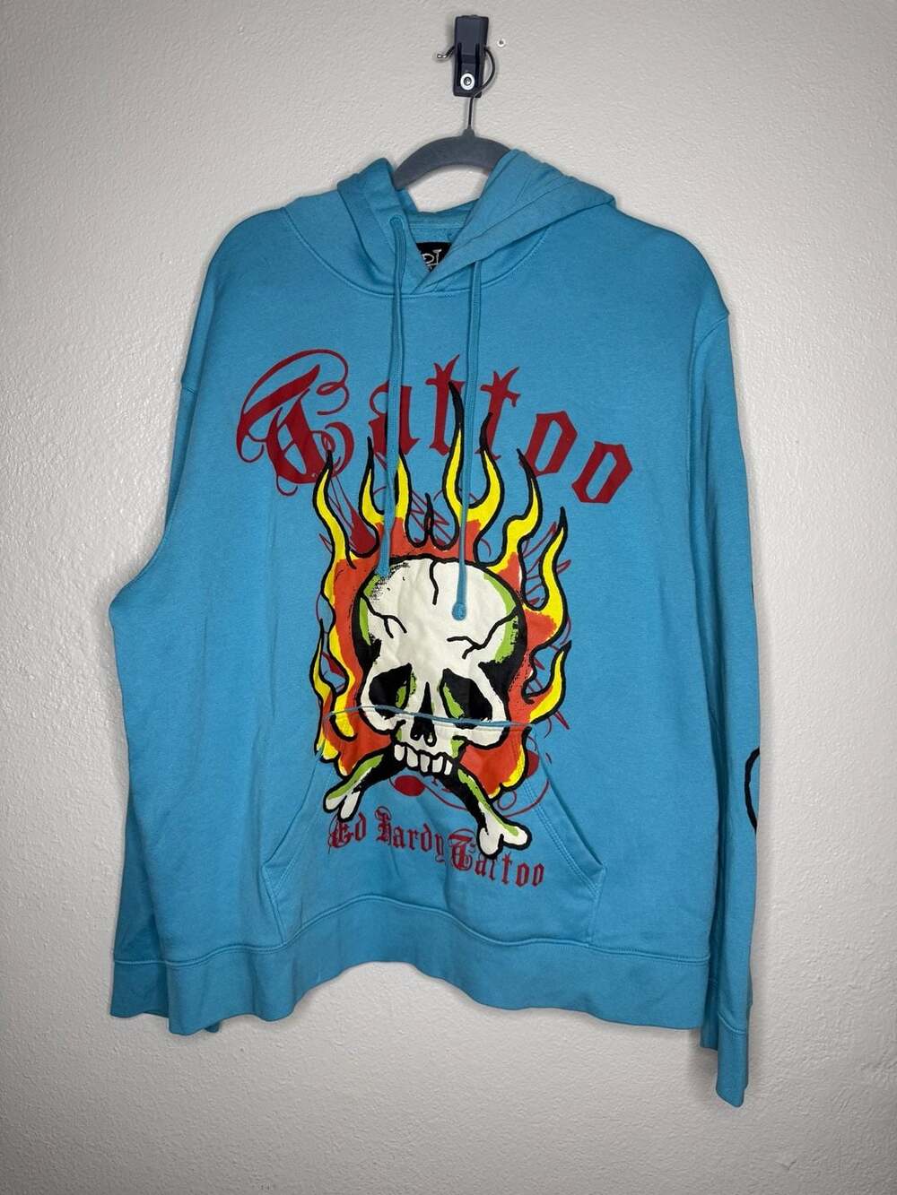 Ed Hardy Pullover Sweatshirt Hoodie Light Blue Skull Flames Tattoo Men Size XL